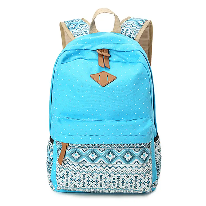 Women Ethnic Print Canvas Backpack Blue Dot Travel School Bag