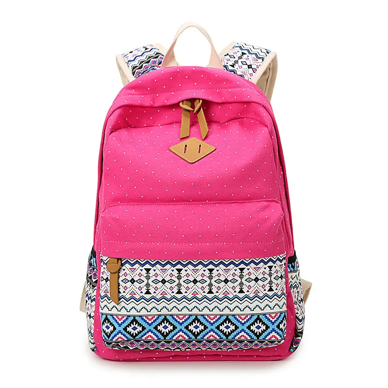 Women Ethnic Print Canvas Backpack Blue Dot Travel School Bag