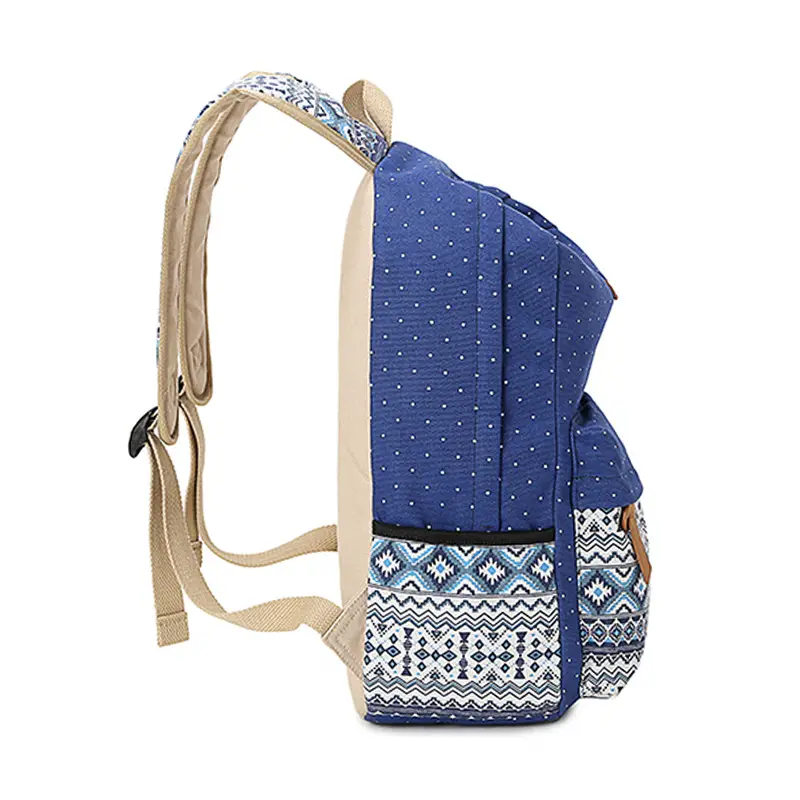 Women Ethnic Print Canvas Backpack Blue Dot Travel School Bag