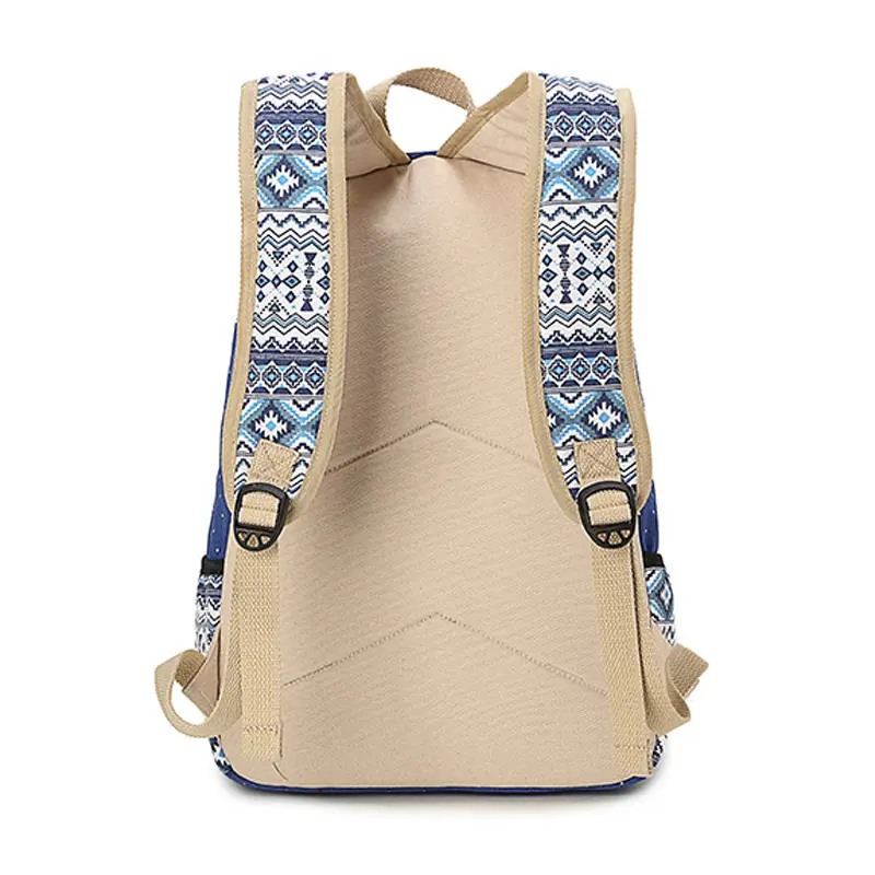Women Ethnic Print Canvas Backpack Blue Dot Travel School Bag