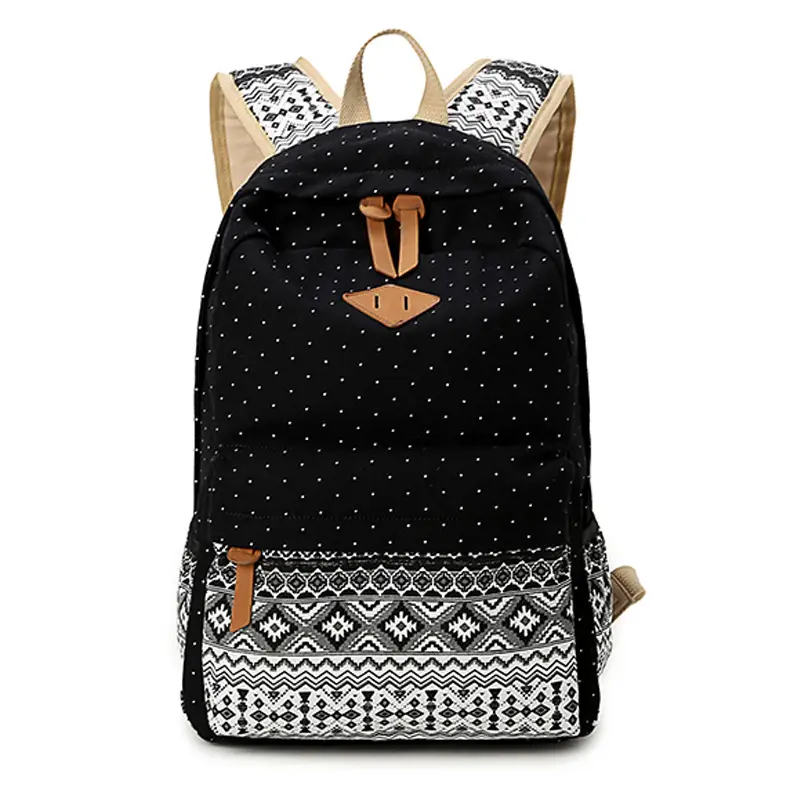 Women Ethnic Print Canvas Backpack Blue Dot Travel School Bag