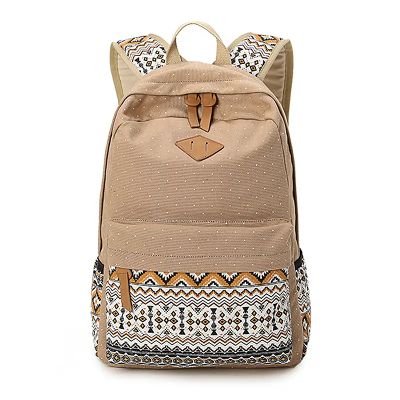 Women Ethnic Print Canvas Backpack Blue Dot Travel School Bag