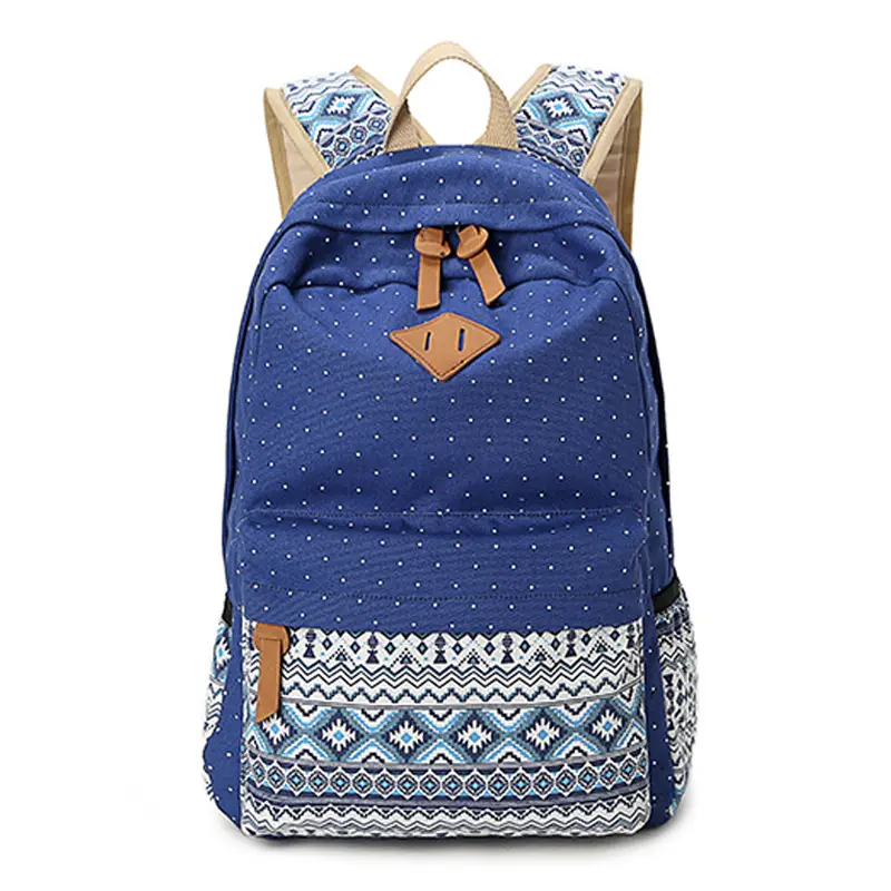 Women Ethnic Print Canvas Backpack Blue Dot Travel School Bag