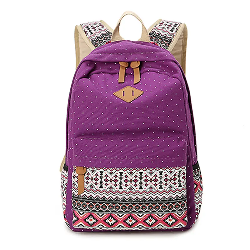 Women Ethnic Print Canvas Backpack Blue Dot Travel School Bag