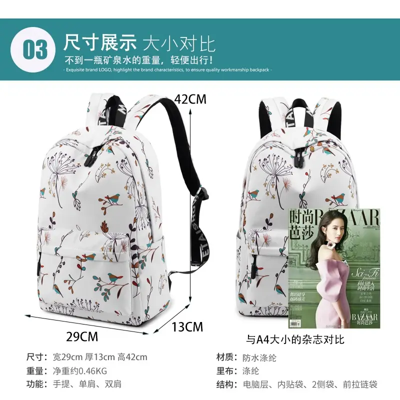 Women's Printed Waterproof Backpack Small Size White Mori Style