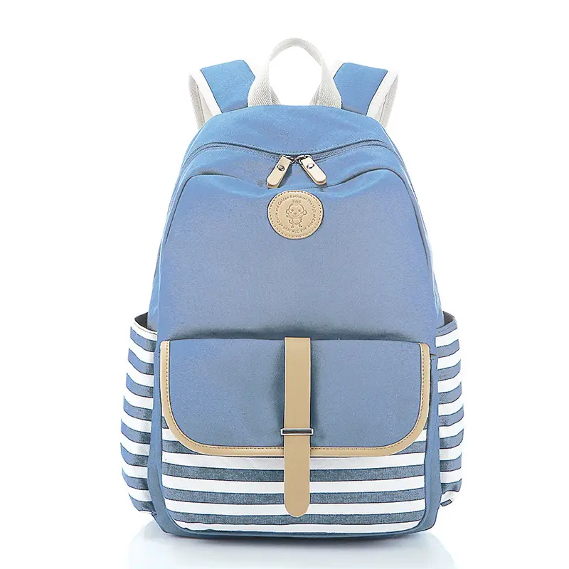 Blue Canvas Girls Backpack with Stripes for School
