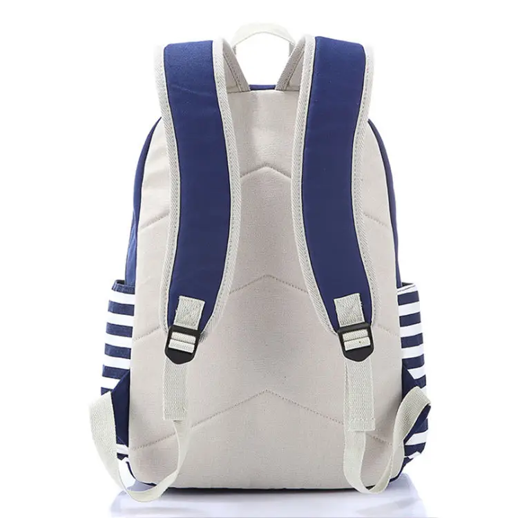 Blue Canvas Girls Backpack with Stripes for School