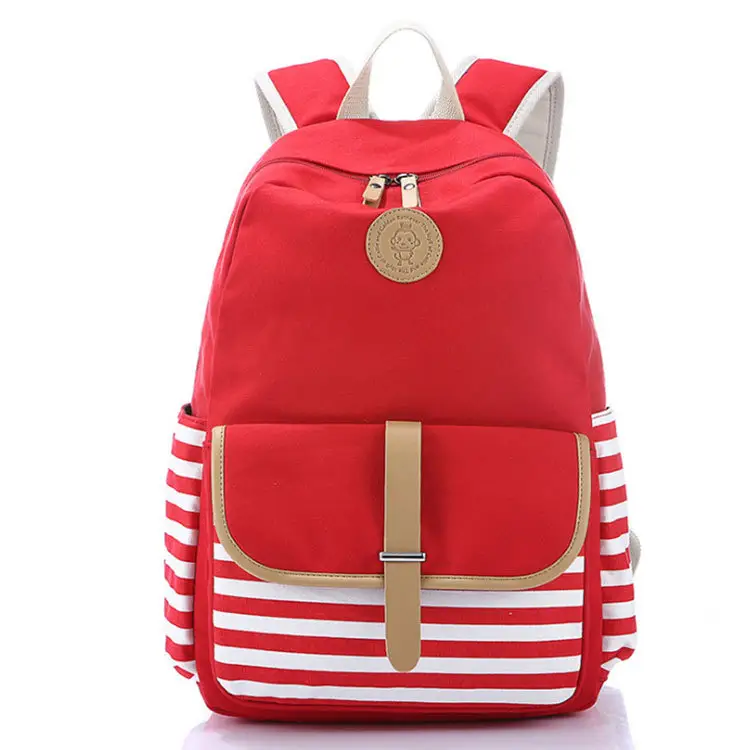 Blue Canvas Girls Backpack with Stripes for School