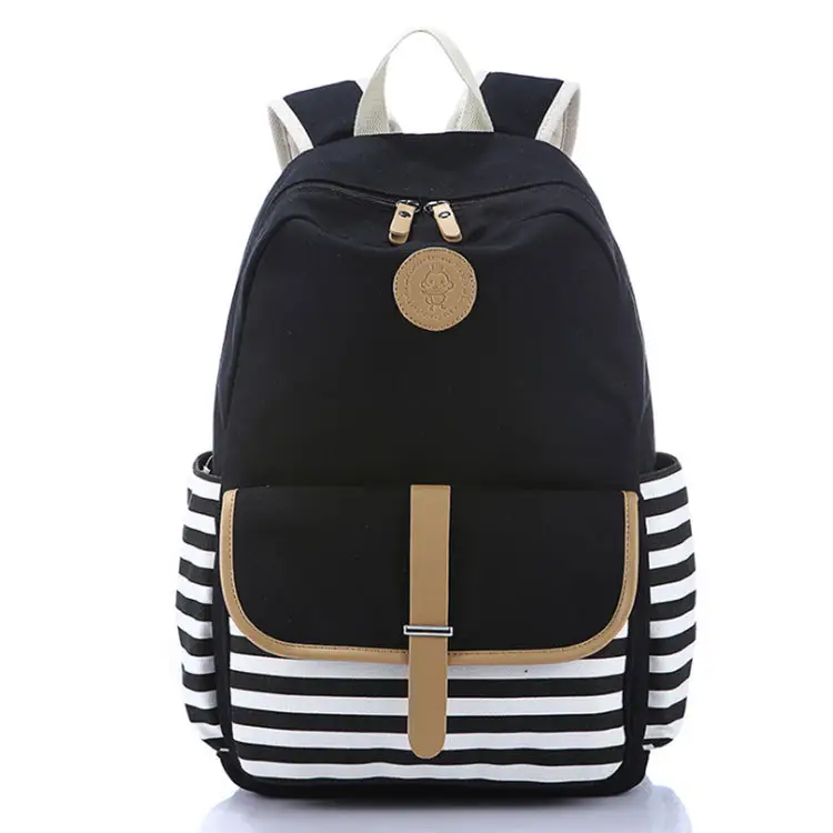 Blue Canvas Girls Backpack with Stripes for School