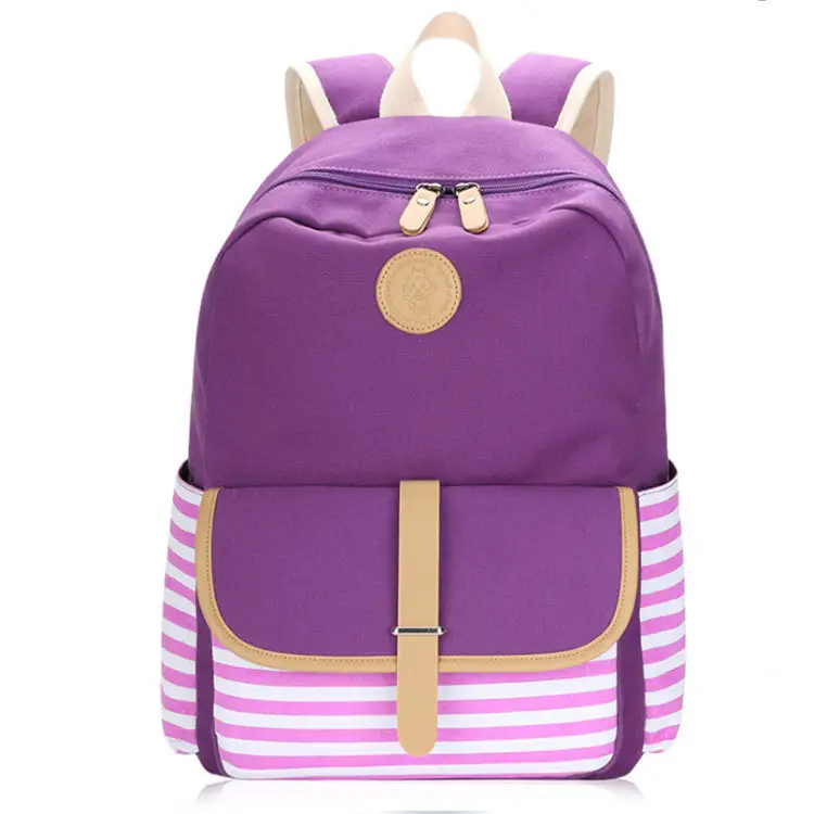 Blue Canvas Girls Backpack with Stripes for School