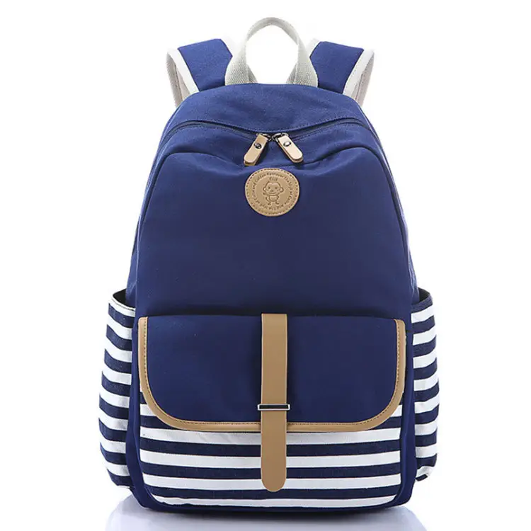 Blue Canvas Girls Backpack with Stripes for School