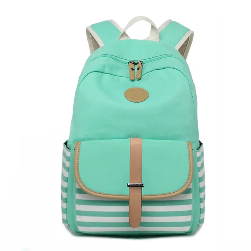Blue Canvas Girls School Backpack with Stripes