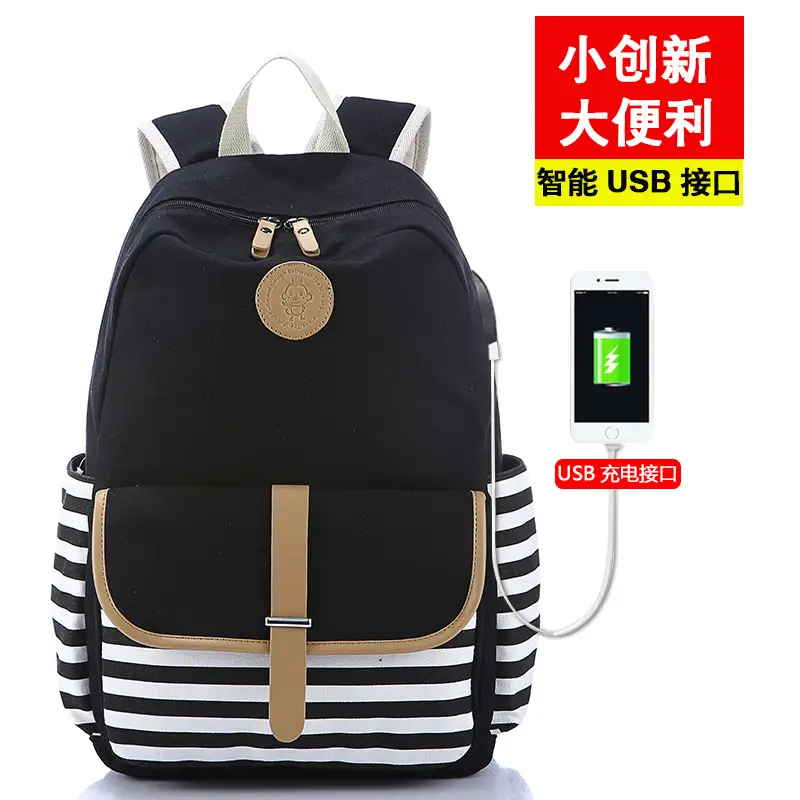 Blue Canvas Girls School Backpack with Stripes