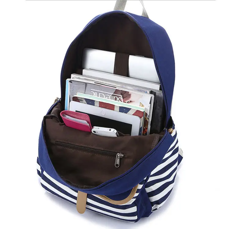 Blue Canvas Girls School Backpack with Stripes