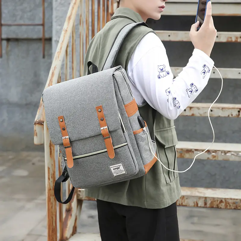 Gray Business Travel Backpack Set with USB Charging