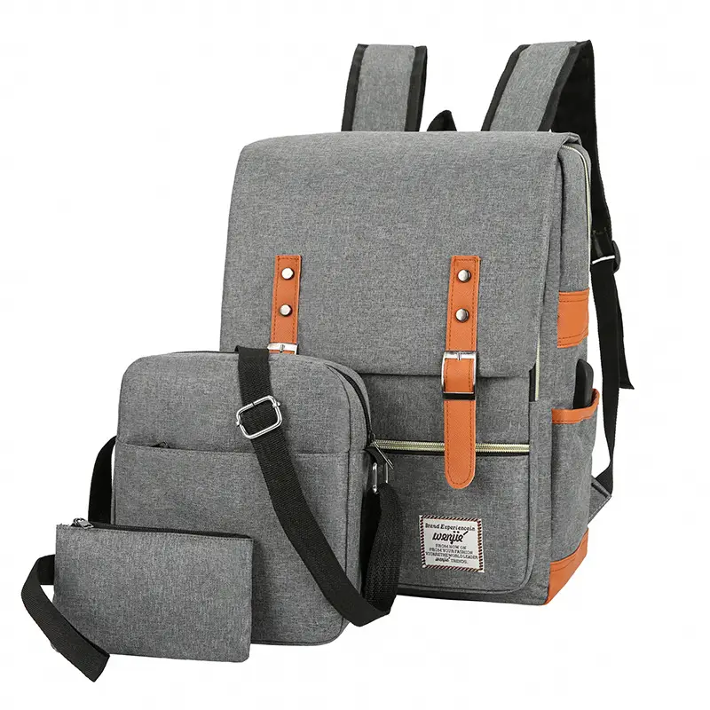 Gray Business Travel Backpack Set with USB Charging