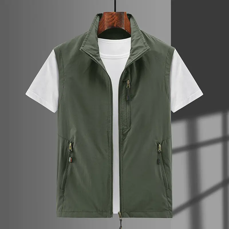 Men Olive Zip Front Vest Outdoor Casual