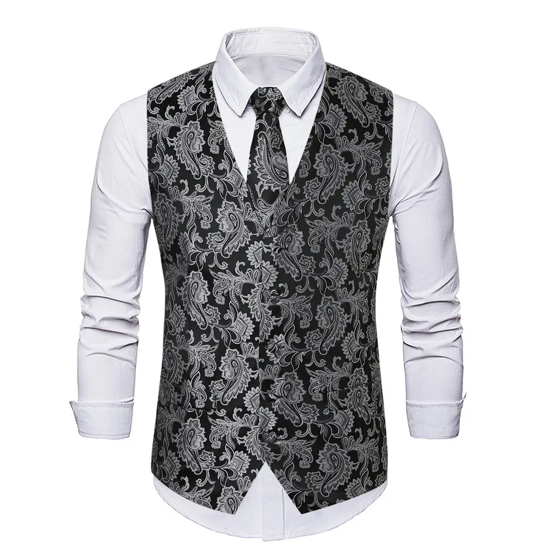 Men's Paisley Jacquard Vest Black Silver Autumn Winter