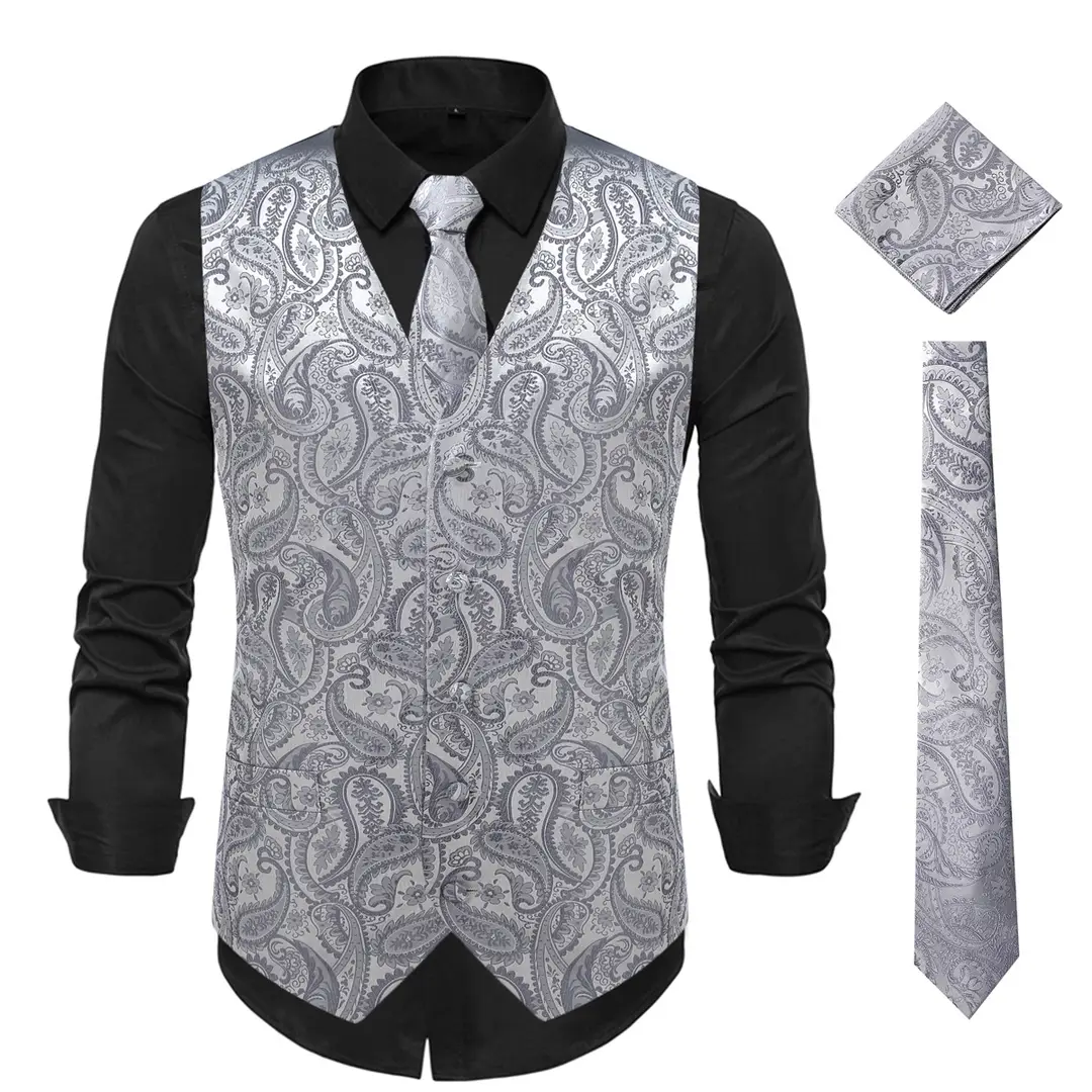 Men's Paisley Jacquard Vest Black Silver Autumn Winter