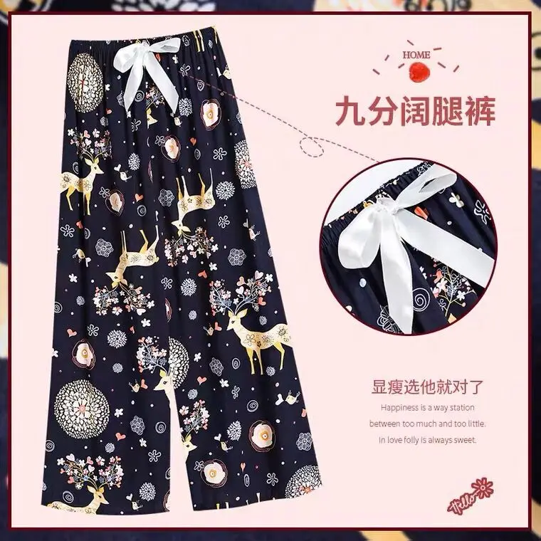 Women Printed Wide Leg Sleep Pants Summer Cotton Rayon Plus Size