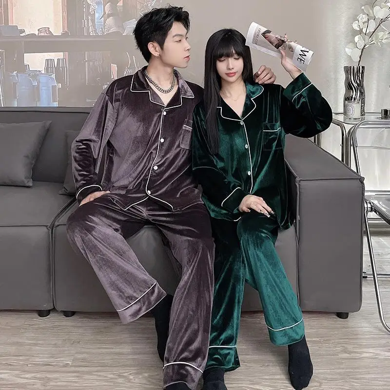 Velvet Couple Pajamas Green & Brown Winter Home Wear