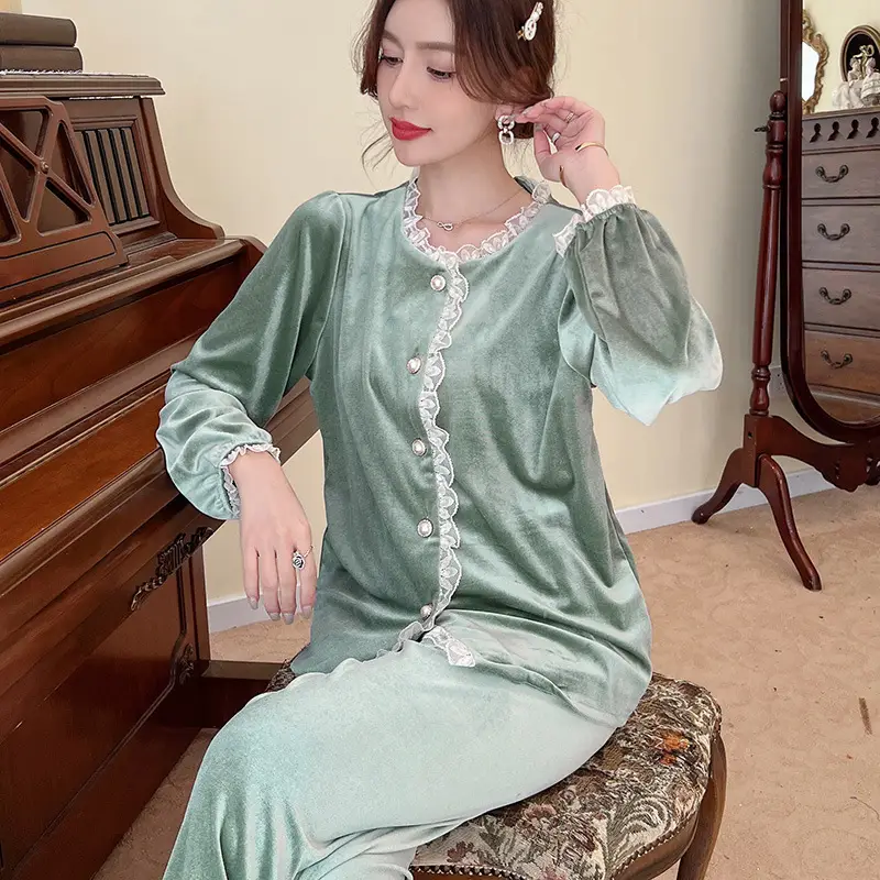 Velvet Pajamas Set Purple Lace Trim Long Sleeve