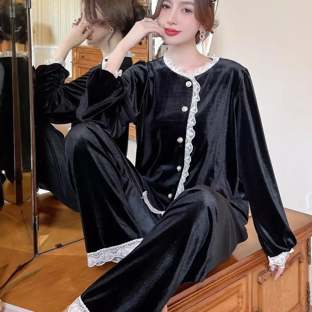 Velvet Pajamas Set Purple Lace Trim Long Sleeve