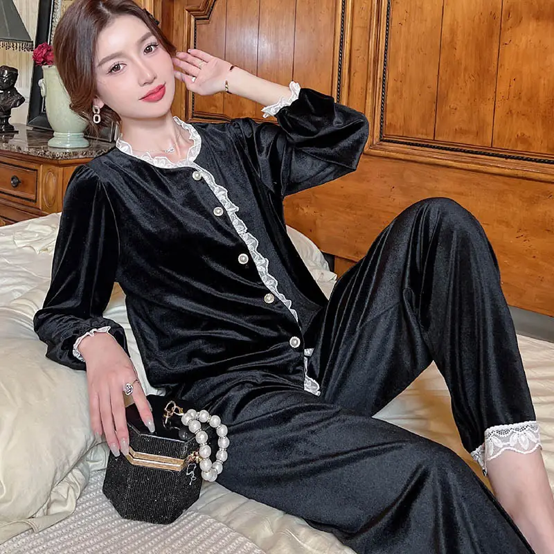 Velvet Pajamas Set Purple Lace Trim Long Sleeve