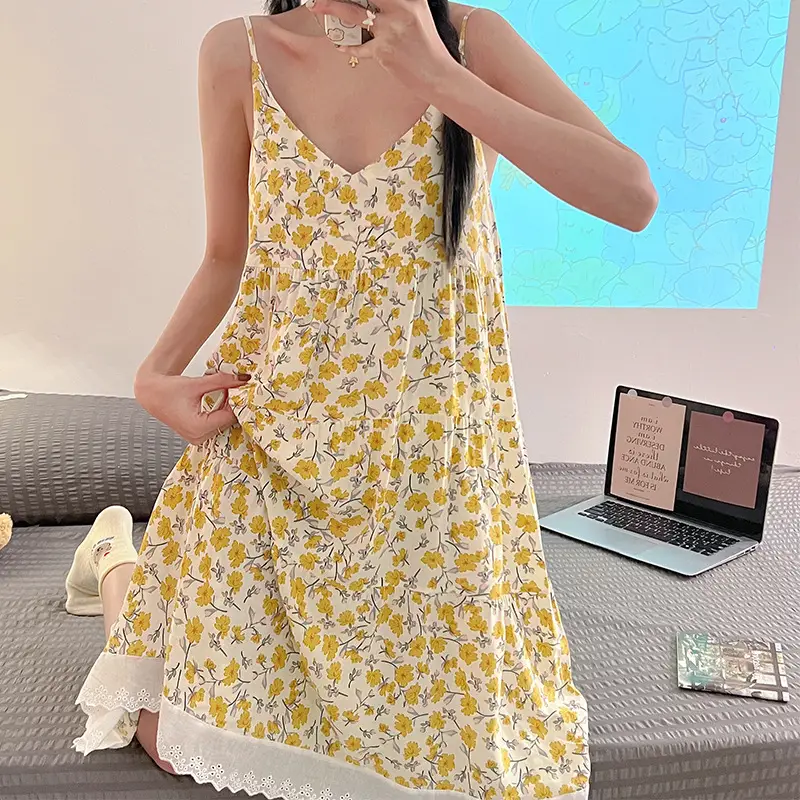 Women Floral Nightgown Navy Cotton Summer Sleepwear