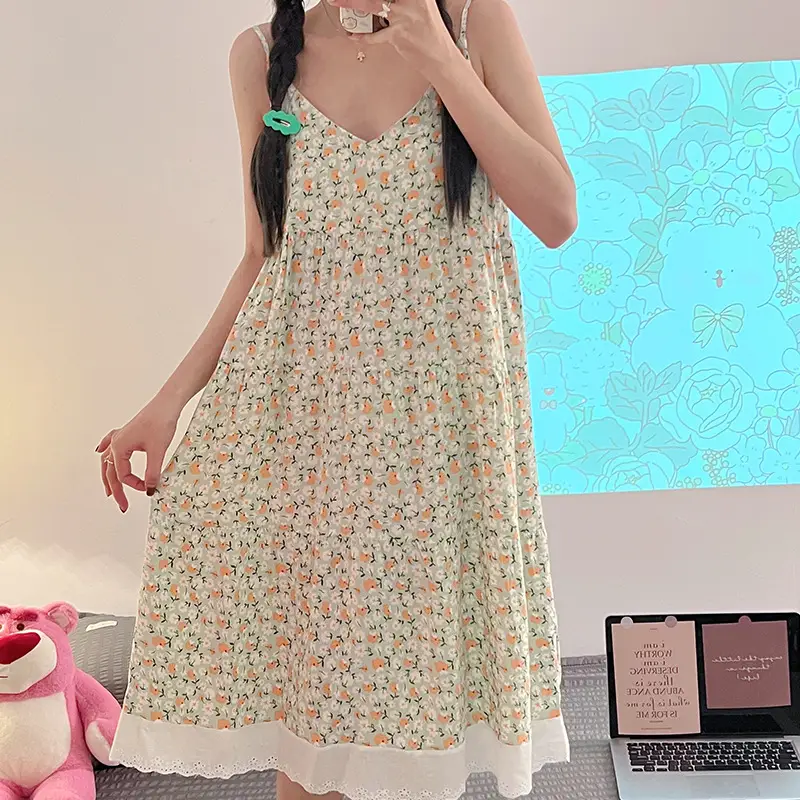 Women Floral Nightgown Navy Cotton Summer Sleepwear