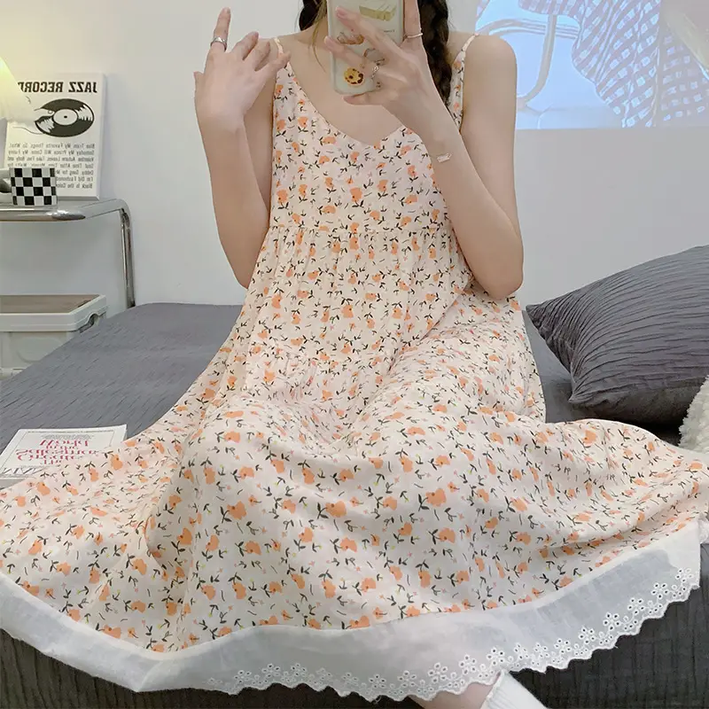 Women Floral Nightgown Navy Cotton Summer Sleepwear