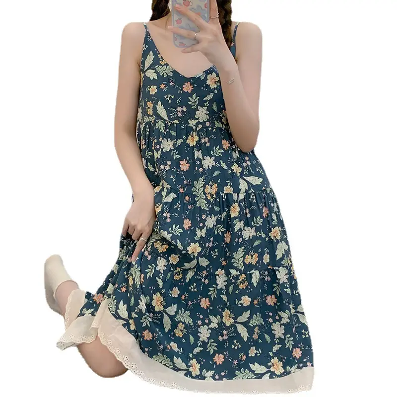 Women Floral Nightgown Navy Cotton Summer Sleepwear