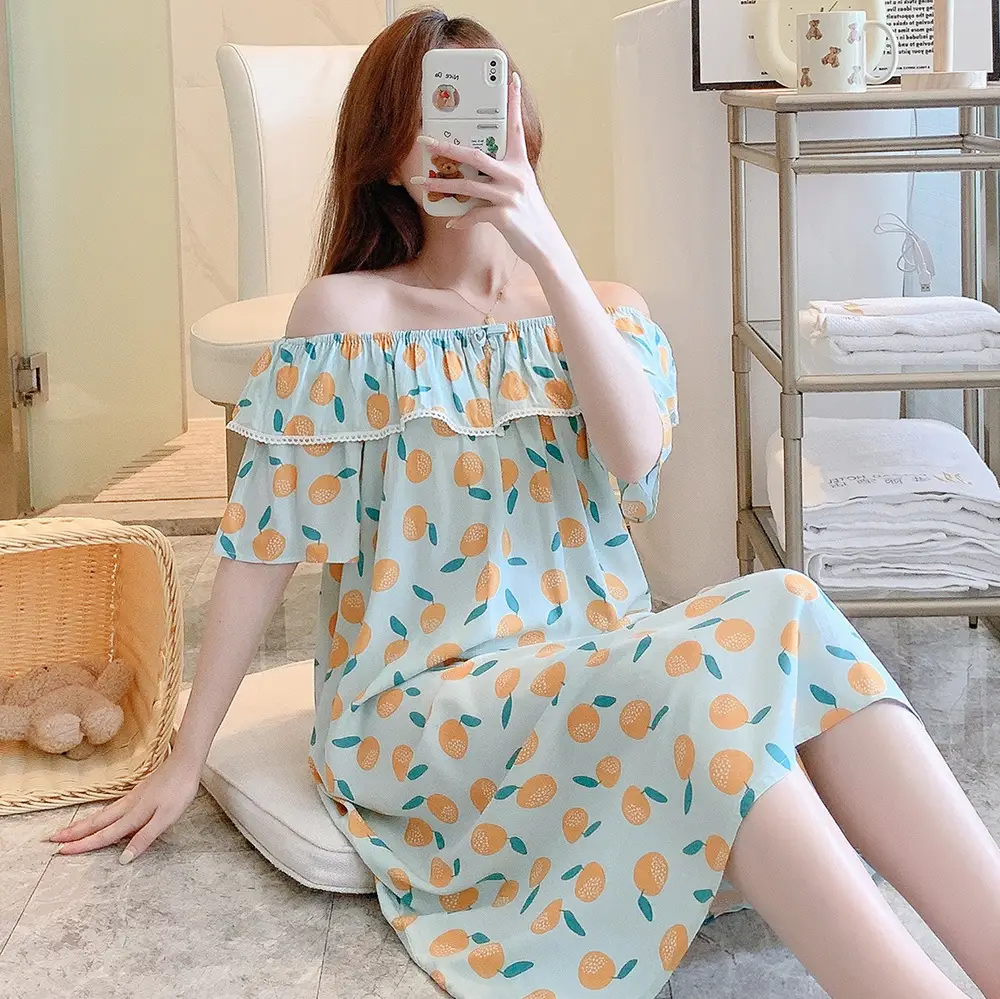 Women Cotton Sleepwear Loose Summer Pajamas Orange Lemon Print