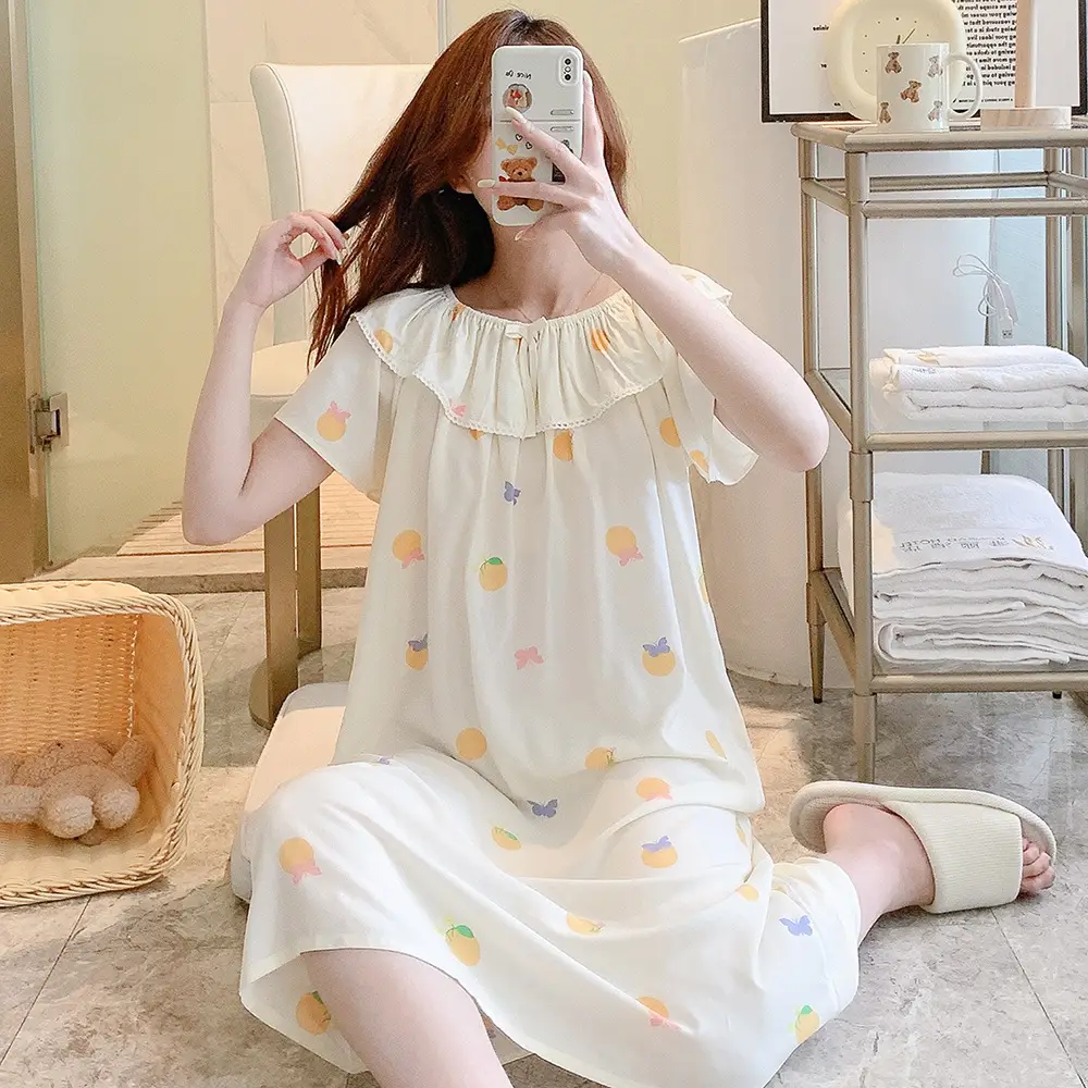 Women Cotton Sleepwear Loose Summer Pajamas Orange Lemon Print