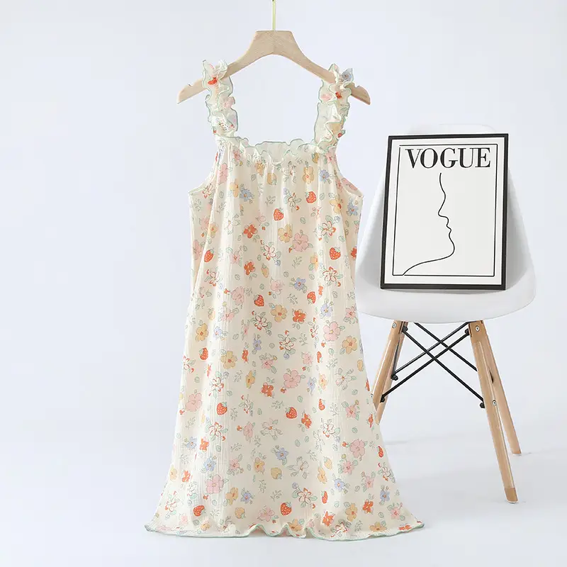 Women Cotton Floral Nightgown Summer Loose Suspender