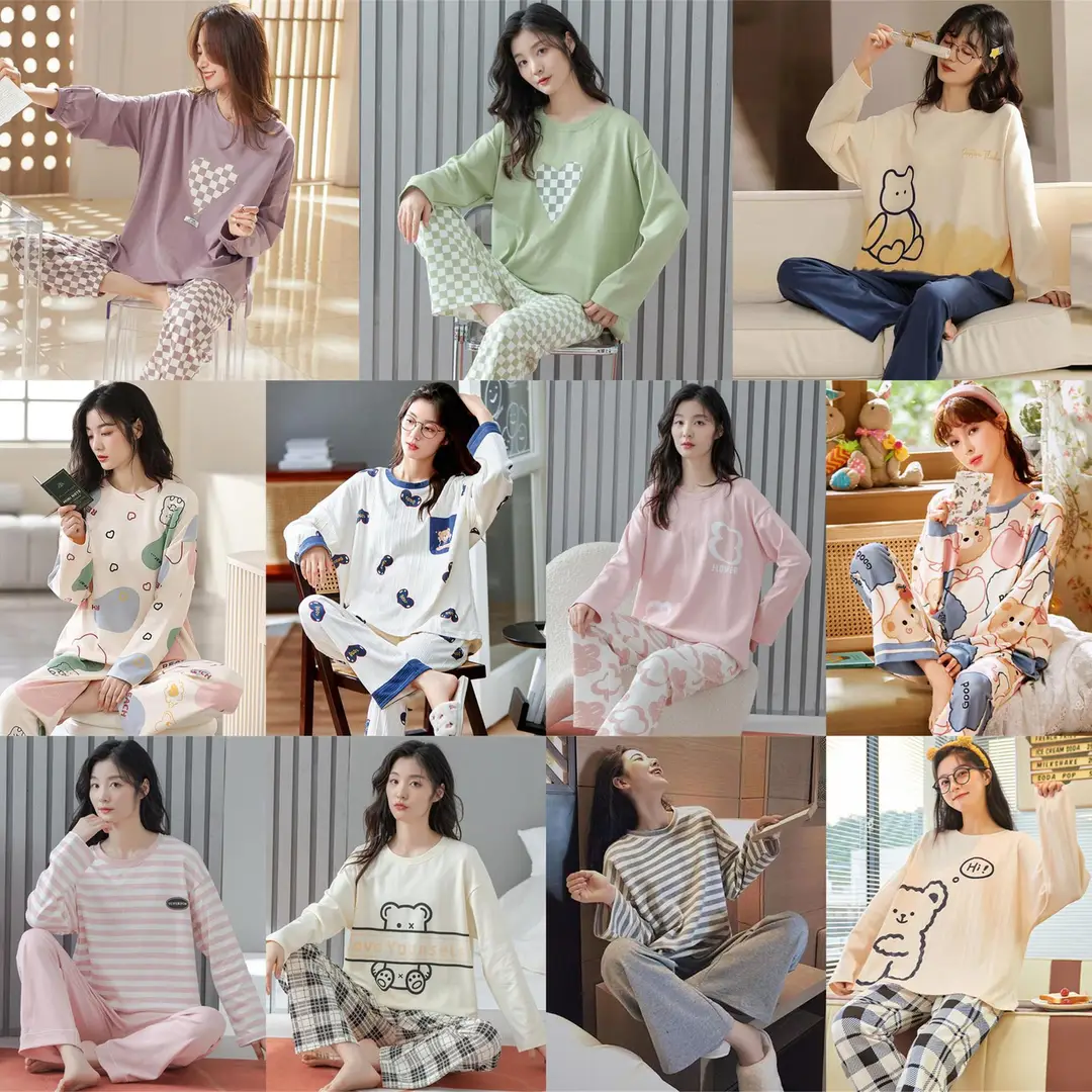 Women Korean Style Cute Cartoon Pajamas Long Sleeve Home Wear