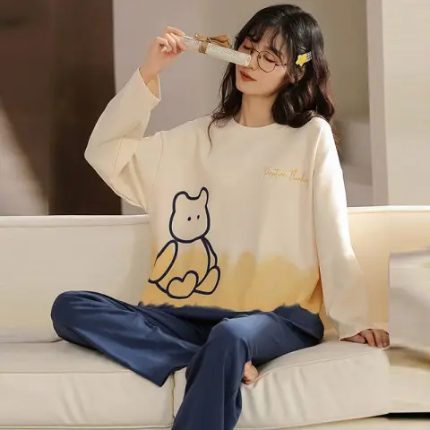 Women Korean Style Cute Cartoon Pajamas Long Sleeve Home Wear