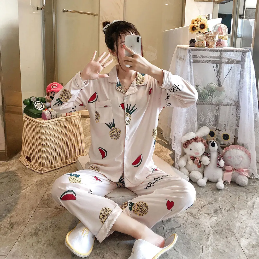 Women Long Sleeve Sweet Cartoon Pajamas Autumn Yellow