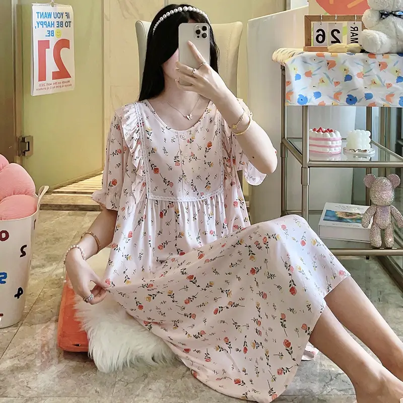 Women Cotton Sleepwear Short Sleeve Loose Summer Pajamas
