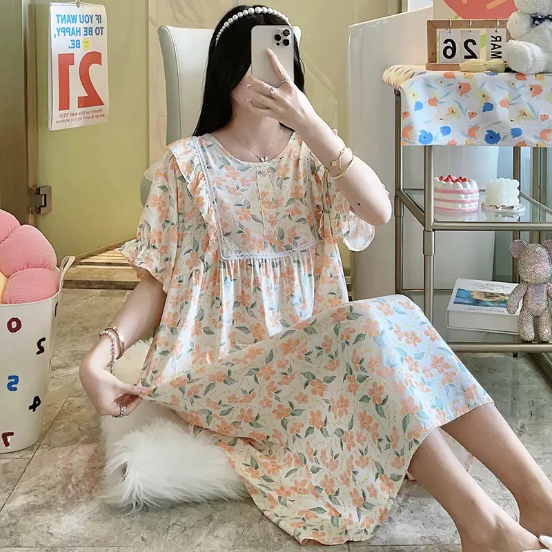 Women Cotton Sleepwear Short Sleeve Loose Summer Pajamas