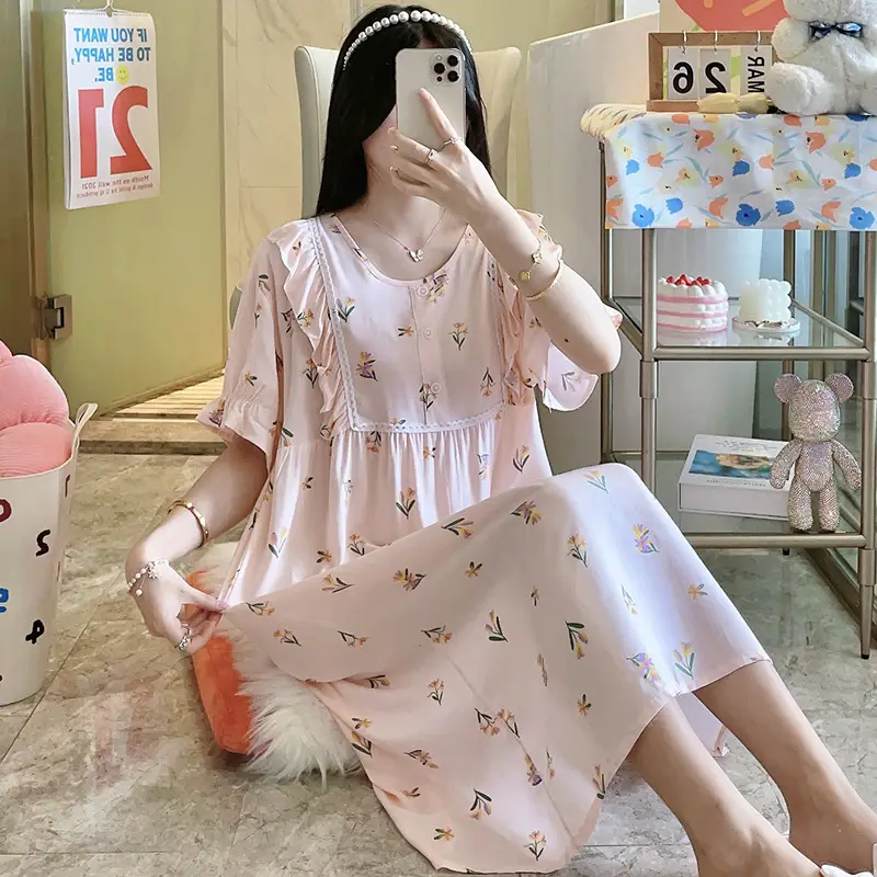 Women Cotton Sleepwear Short Sleeve Loose Summer Pajamas