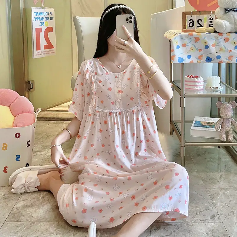 Women Cotton Sleepwear Short Sleeve Loose Summer Pajamas