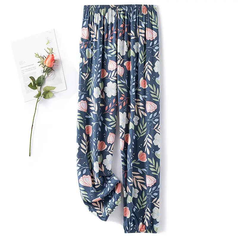 Women Loose Cotton Pajama Pants Green Stripe Grid Summer