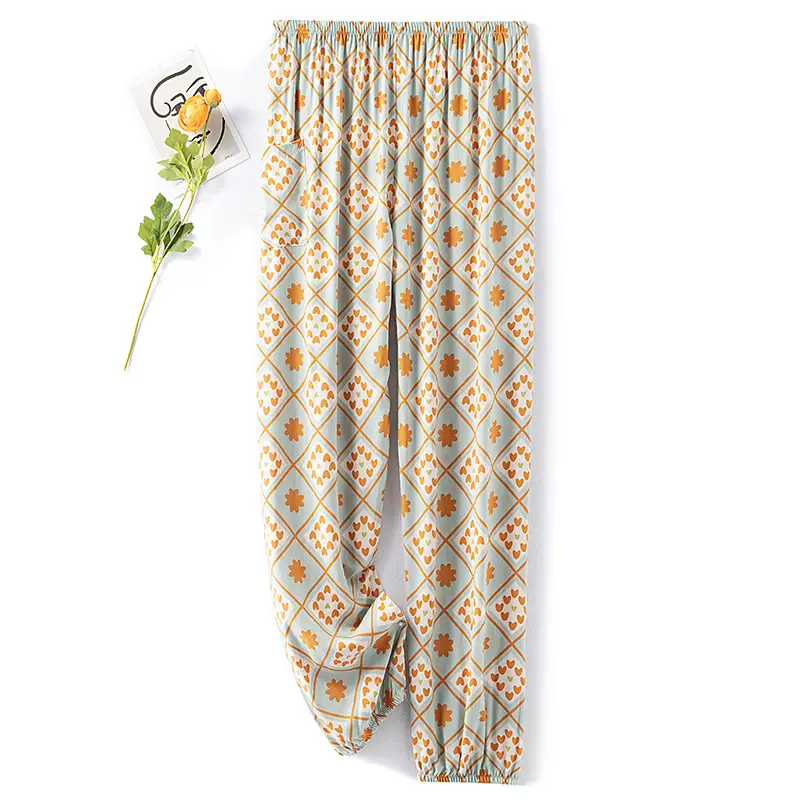 Women Loose Cotton Pajama Pants Green Stripe Grid Summer