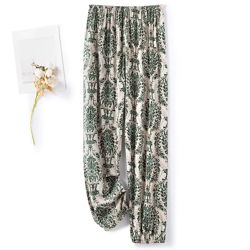 Women Loose Cotton Pajama Pants Green Stripe Grid Summer