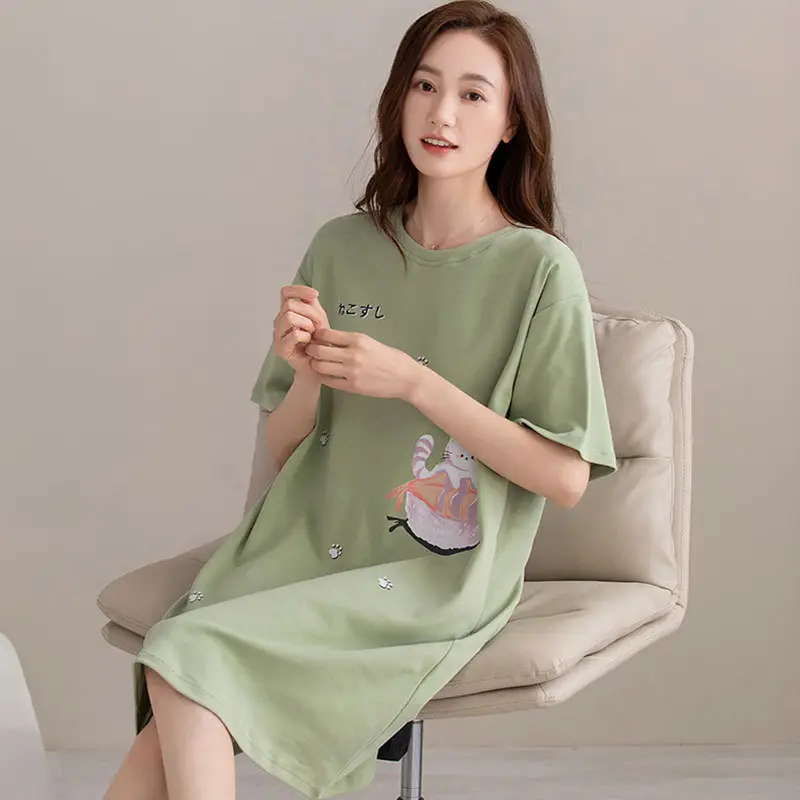 Women Cotton Nightdress Summer Short Sleeve Lazy Style