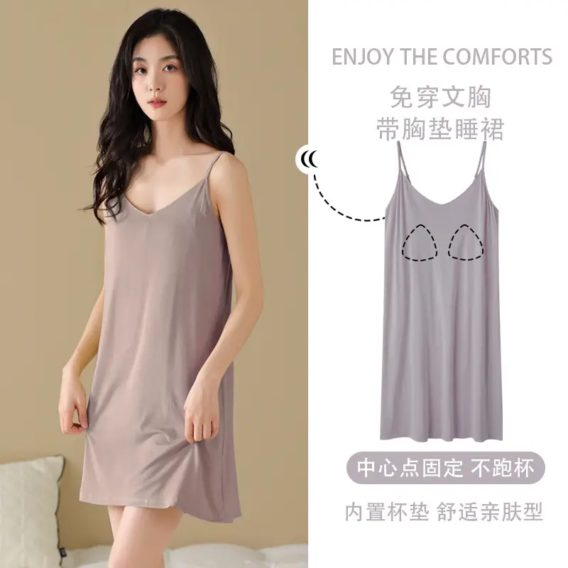 Women Summer Nightdress Black Anti-Bump Chest Pad Pajamas