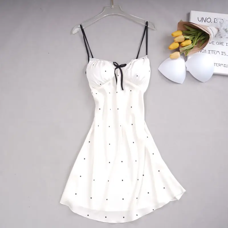 Cute Printed Ice Silk Nightgown with Belt for Women Summer Home Wear