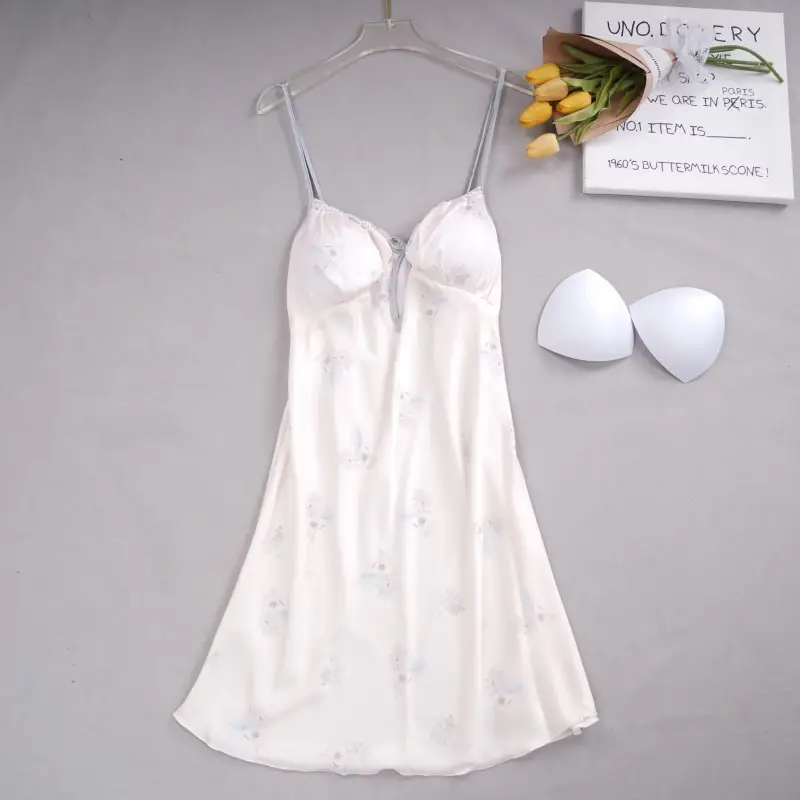 Cute Printed Ice Silk Nightgown with Belt for Women Summer Home Wear