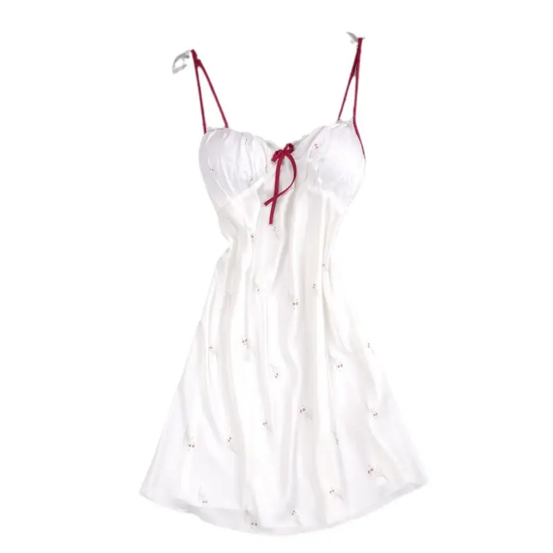 Cute Printed Ice Silk Nightgown with Belt for Women Summer Home Wear